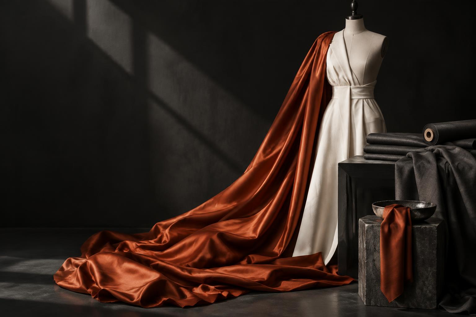 Terracotta fabric draped beside an ivory garment and folded charcoal textiles
